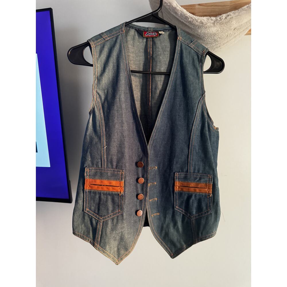 Vintage Male Denim Vest Cognac Leather Trim Sz 38